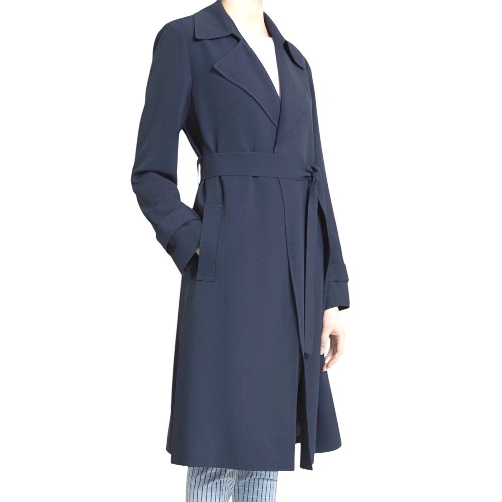 Theory Oaklane Rosina Crepe Belted Trench Coat M Navy Quiet Luxury
